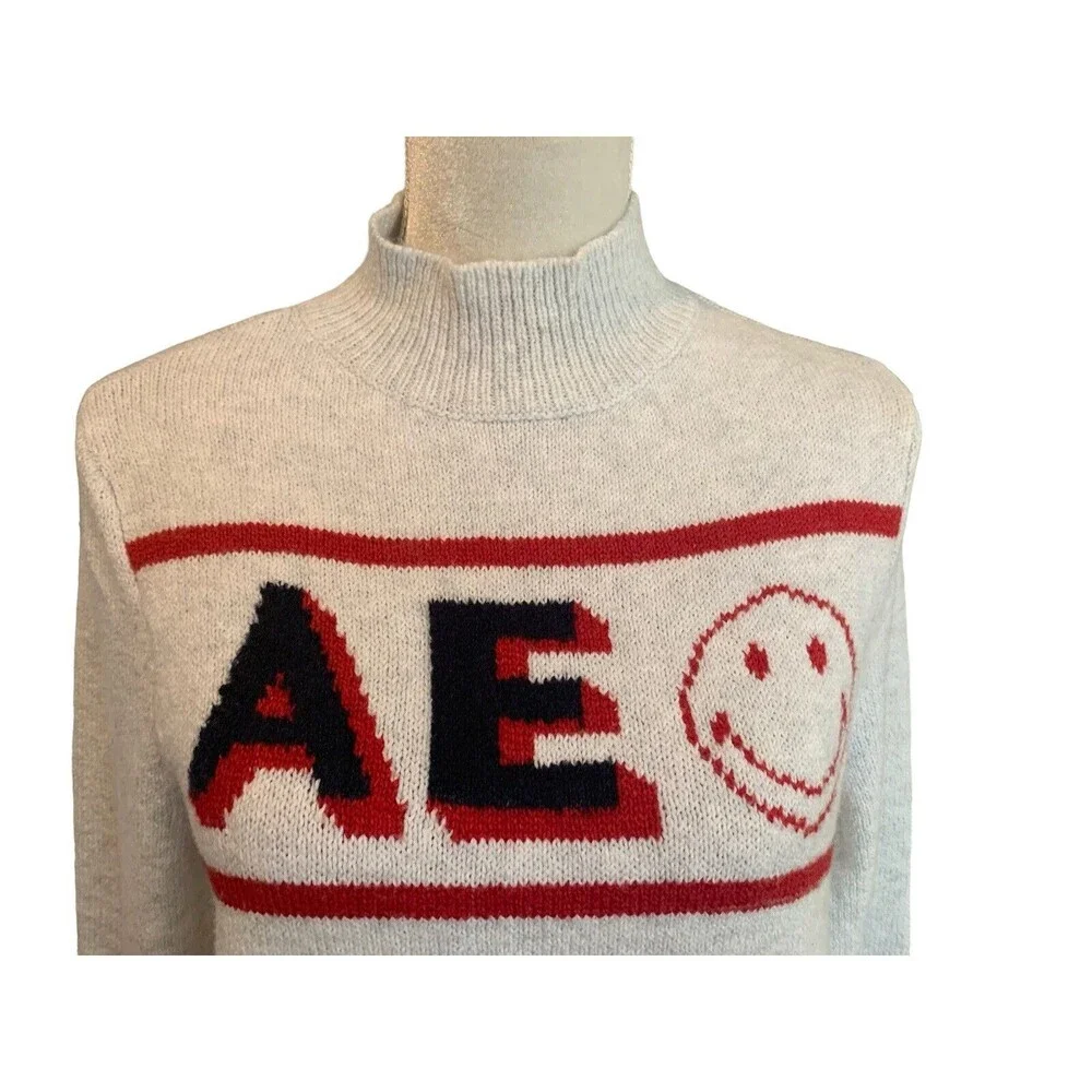 New! American Eagle Smiley  Mockneck Sweater gray Marled Blue Red Logo Women's M